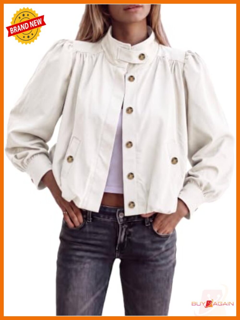 Womens Lightweight Cropped Polyester Bomber Jacket Puff Sleeve Casual Coat